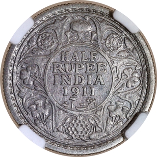 Exceedingly Rare NAC 35 Graded Silver Half Rupee Coin of King George V of Calcutta Mint of 1911.