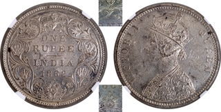 Rare NGC MS 62 Graded Silver One Rupee Coin of Bombay Mint of Victoria Queen of 1862 with A/II/1/2 Dots.