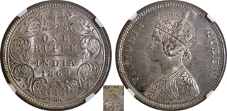 Rare NGC MS 61 Graded Silver One Rupee Coin of Victoria Queen of Bombay Mint of 1862 with A/I/0/4 Dots.