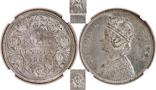 Very Rare NGC MS 62 Graded Silver One Rupee Inverted 1 Type Coin of Victoria Queen of Bombay Mint of 1862 of A/II/0/4 Dots.