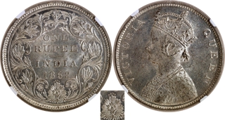 Rare NGC MS 62 Graded Silver One Rupee Coin of Victoria Queen of Bombay Mint of 1862 with B/II/0/4 Dots.