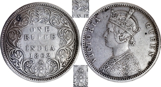 Extremely Rare Unlisted Silver One Rupee Coin of Victoria Queen of Bombay Mint of 1862 of A/I/2/3 Dots.