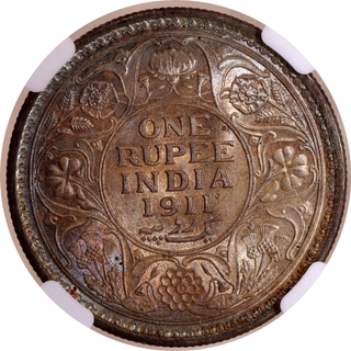 Very Rare NGC MS 64 Graded Silver One Rupee Coin of King George V of Calcutta Mint of 1911.