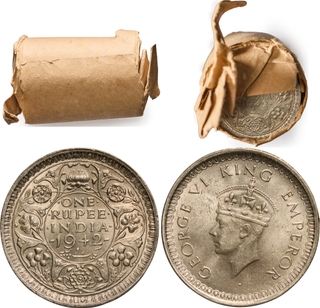A Roll of 20 Uncirculated Silver One Rupee Coins of King George VI of Bombay Mint of 1942 in Brown Cover.
