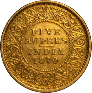 Extremely Rare Gold Five Rupees Coin of Victoria Queen of Calcutta Mint of 1870.