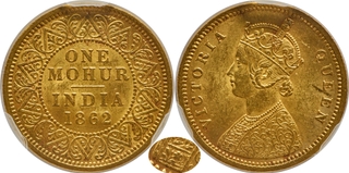 Extremely Rare NGS AU 58 Graded Gold One Mohur Coin of Victoria Queen of Calcutta Mint of 1862 with Single Flower.