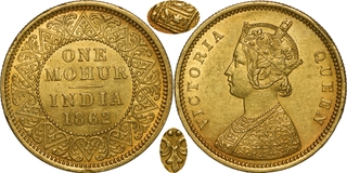 Very Rare Gold One Mohur Coin of Victoria Queen of Calcutta Mint of 1862 with Single Flower.