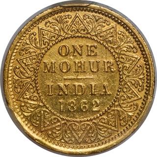 Very Rare NGS AU 58 Gold One Mohur Coin of Victoria Queen of Calcutta Mint of 1862 with Two Flowers.