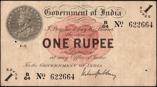 Rare British India One Rupee Banknote of King George V Signed by M M S Gabbay of Bombay Circle of 1917.