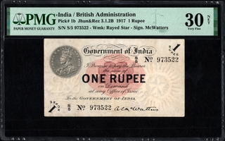 Extremely Rare PMG 30 Graded British India One Rupee Banknote of King George V of 1917 Signed by A C McWatters of Universalised Circle.