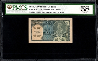 Rare PMCS 58 Graded One Rupee Banknote of King George V Signed by J W Kelly of 1935.