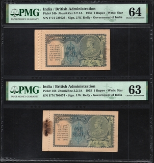 Extremely Rare PMG 64 and 63 Graded One Rupee Matching Prefix Pair of King George V of 1935 Signed by J W Kelly of British India.