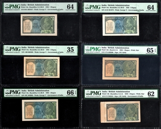Extremely Rare PMG Graded One Rupee Banknotes of King George V Signed by J W Kelly of 1935 with a Complete Prefix-wise Set from A to F.