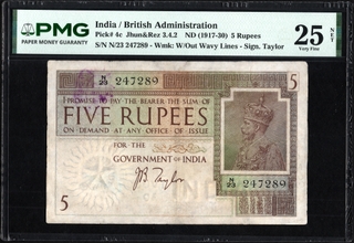 PMG 25 Graded Five Rupees Banknote of King George V Signed by J B Taylor of 1925.