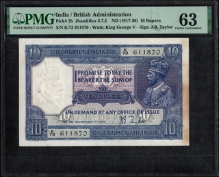 Very Rare PMG 63 Graded Ten Rupees Banknote of King George V Signed by J B Taylor of 1926 of British India.