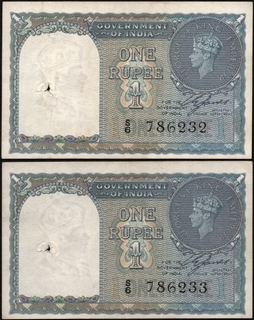One Rupee King George VI Consecutive Banknotes of British India Signed by C E Jones of 1944.