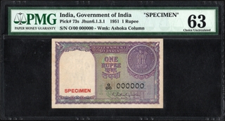 Exceedingly Rare PMG 63 Graded One Rupee Specimen Banknote of Republic India Signed by K G Ambegaokar of 1951.