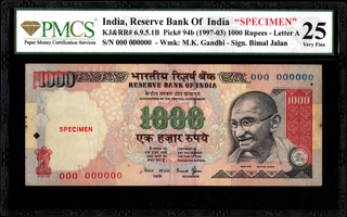 Extremely Rare PMCS 25 Graded SPECIMEN Thousand Rupees Banknote of Republic India Signed by Bimal Jalan of 1997-2003.