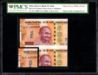  Extremely Rare PMCS 50 and 55 Graded Republic India Sheet Fold Cutting Error Two Hundred Rupees Banknotes Signed by Urjit R Patel.