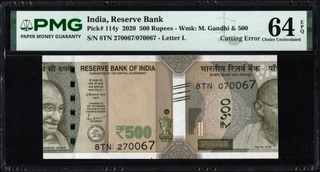 Extremely Rare PMG 64 Graded Republic India Cutting Error Five Hundred Rupees Banknote of  2020 Signed by Shaktikanta Das.