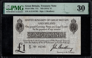 Rare PMG 30 Graded One Pound Banknote of George V King of 1914 Signed by John Bradbury of United Kingdom.