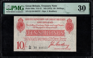 Rare PMG 30 Graded Ten Shillings Banknote of George V King Signed by John Bradbury of United Kingdom of 1915.