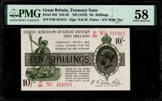 Rare PMG 58 Graded Ten Shillings Banknote of George V King Signed by Norman Fenwick Warren Fisher of United Kingdom of 1919.