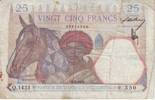 25 Francs (Vingt Cinq Franc) Paper Money Of French West Africa. 