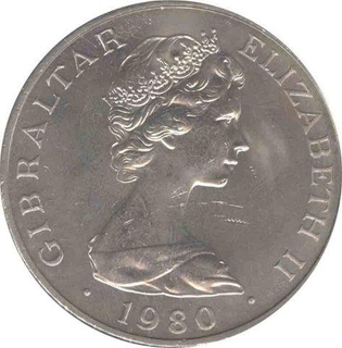 Cupro Nickle One Crown Coin of Elizabeth II, Gibraltar 1980.