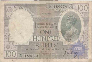 100 Rupees of King George V  signed by J.W.Kelly of Rangoon Circle.