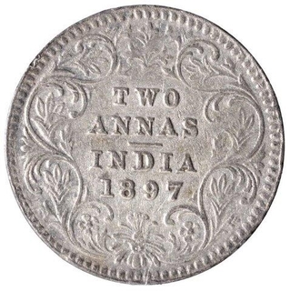 Silver Two Annas Coin of Victoria Empress of Calcutta Mint of 1897.