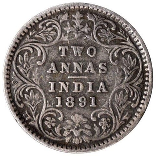 Silver Two Annas Coin of Victoria Empress of Bombay Mint of 1891.