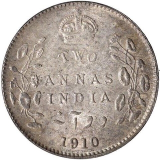 Silver Two Annas Coin of King Edward VII of Calcutta Mint of 1910.