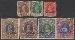 1937. Complet Set 'SERVICE' 131/2mm on anna values and 191/2 mm on rupee value, 1/2 Anna, Nine pies, One anna, 1, 2,5,10 Rupees, (Phila India# S143 TO 149).