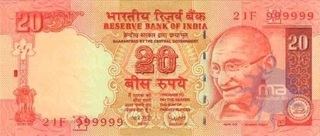 20 Rupees Bank Note of India of Y.V. Reddy Governor of 2007 issued.