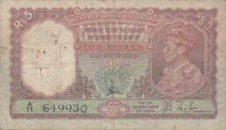 5 Rupee Note of King George VI signed by J.B.Taylor of Burma issue.