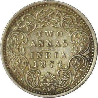 Silver Two Annas of Victoria Queen of Calcutta Mint of 1874.