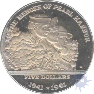 Cupro Nickle Five Dollars of Marshall Islands of 1991.