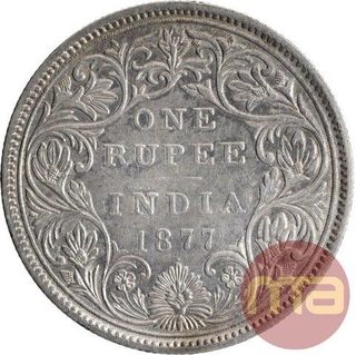 Silver One Rupee Coin of Victoria Empress of Bombay Mint of 1877.