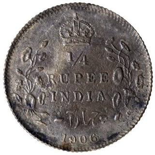 Silver Quarter Rupee Coin of King Edward VII of Calcutta Mint of 1906.
