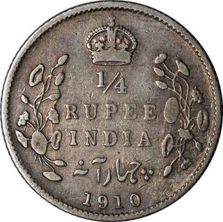 Silver Quarter Rupee Coin of King Edward VII of Calcutta Mint of 1910.