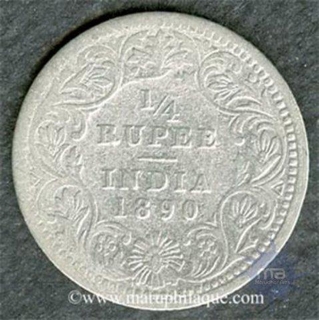 Silver Quarter Rupee of Victoria Empress of Calcutta Mint of 1890.
