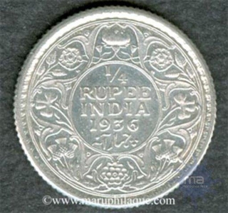 Silver Quarter Rupee of King George V of Calcutta Mint of 1936.