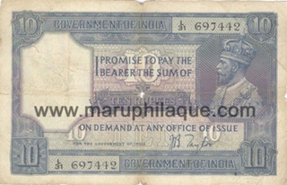 Rare Ten Rupees Bank Note of King George V signed by J. B. Taylor.