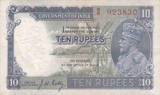 10 Rupees of King George V signed by J.W.Kelly of Nasik Circle .