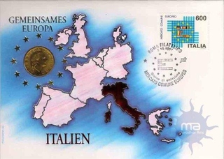 Postal covers of Italy, 1992, Gemeinsames,  Europa, Special Cover With Coin & Stamps with Special Cancellation. Cover, Coin & Stamp on Seal & Sports Theme, (Used).