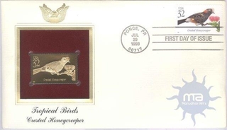 F.D.C. USA (Ponce, PR). Issued Date 1998-Jul-29. "Tropical Birds Crested Honey creeper".