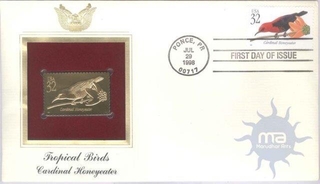 F.D.C. USA (Ponce, PR). Issued Date 1998-Jul-29. "Tropical Birds Cardinal Honey eater".
