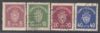 1926, Stamps of Norway, Set of 4 Stamps, Sc.No: O1,O2,O3,O4.