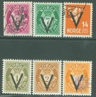 1941, Stamps of Norway, Set of 6 Stamps, Sc.no: 207-211,213.